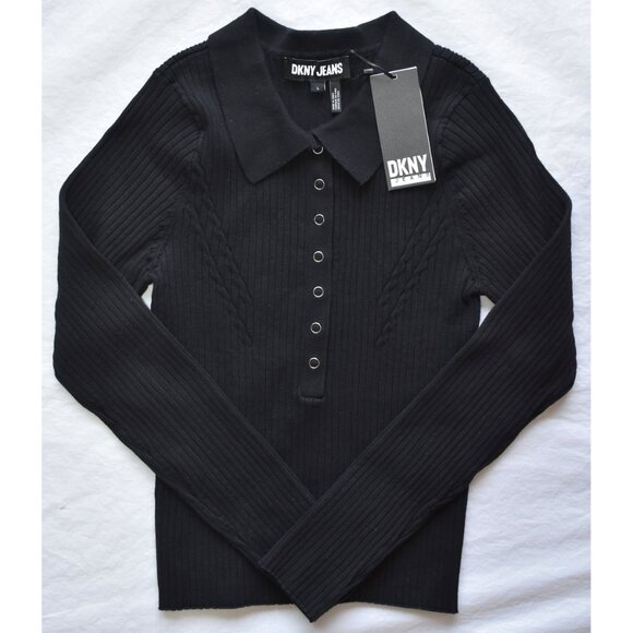 DKNY JEANS WOMEN NWT RIB COTTON BLEND KNIT BLACK POLO SWEATER. SIZE L - Picture 8 of 10